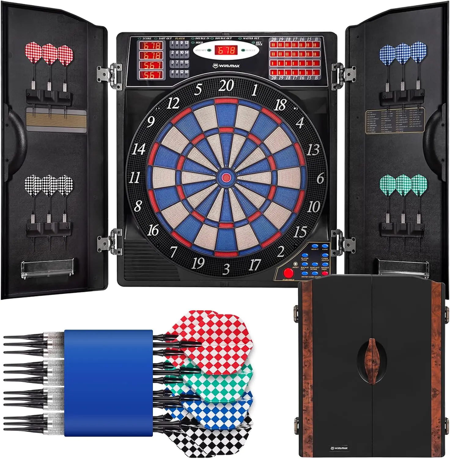 Electronic Dartboard Cabinet - 大人用電子ダーツボードキャビネットセット、ブラック | LEDスコアリング、38種類のゲームと211種類のバリエーション、最大16人プレイ可能、ダーツ12本+40本