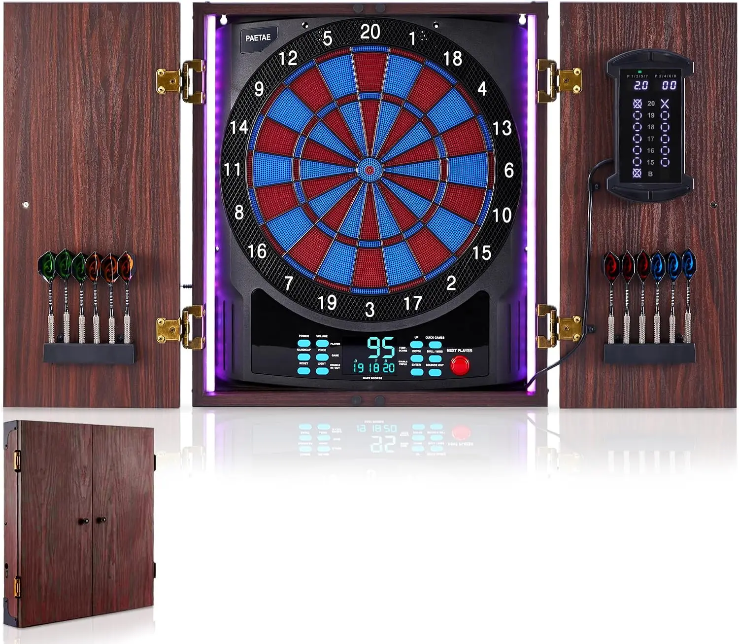 Electronic Dartboard Cabinet - 電子ダーツボードキャビネット、ソフトチップダーツボード、大型クリケットディスプレイ付き | 12本のソフトチップダーツと内蔵ダーツが含まれています。