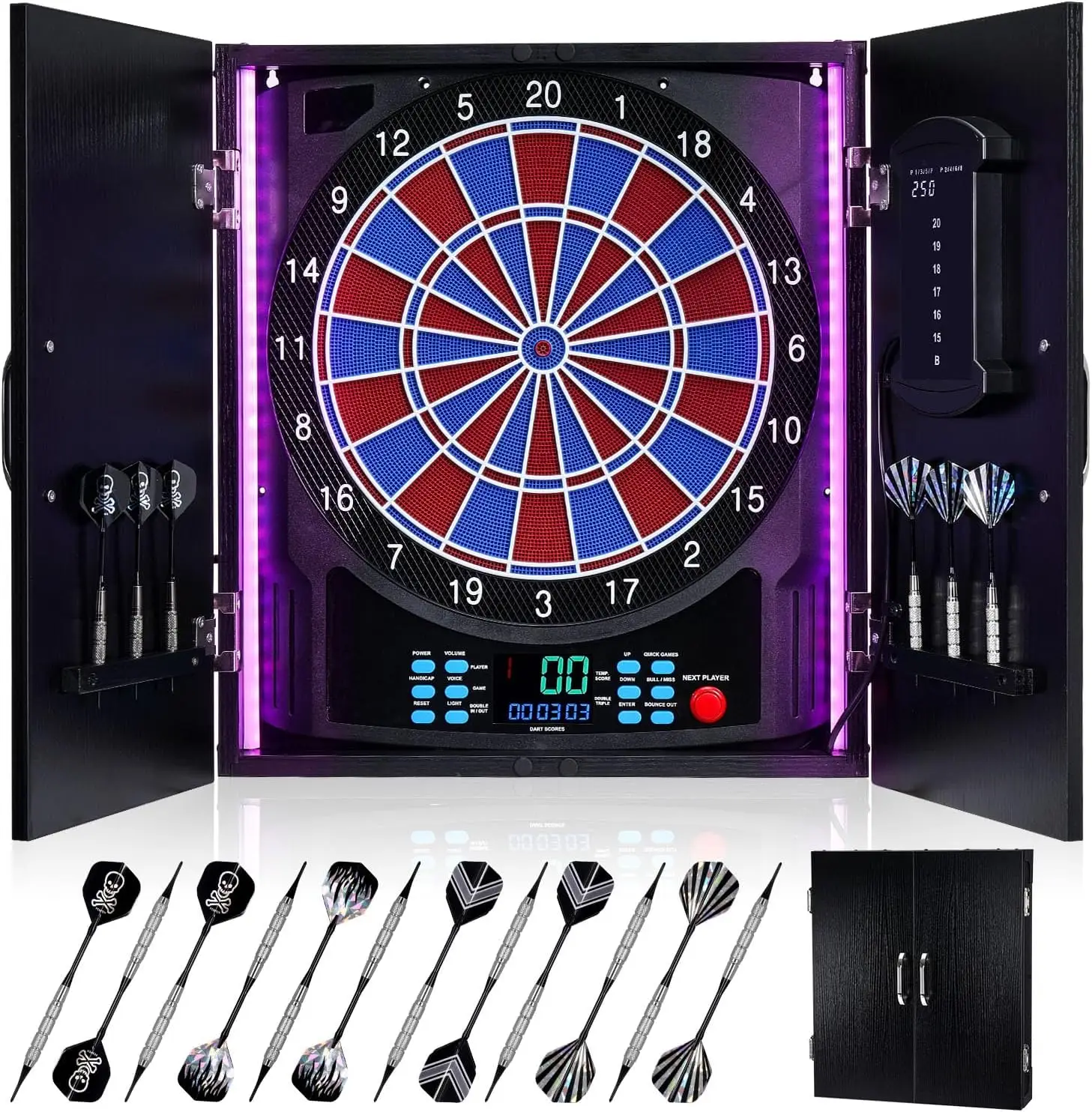 Electronic Dartboard Cabinet - 電子ダーツボード、スコアボード付き電動ダーツボードキャビネット | [12本のソフトチップダーツ][木製キャビネット] 個別ライトカラー