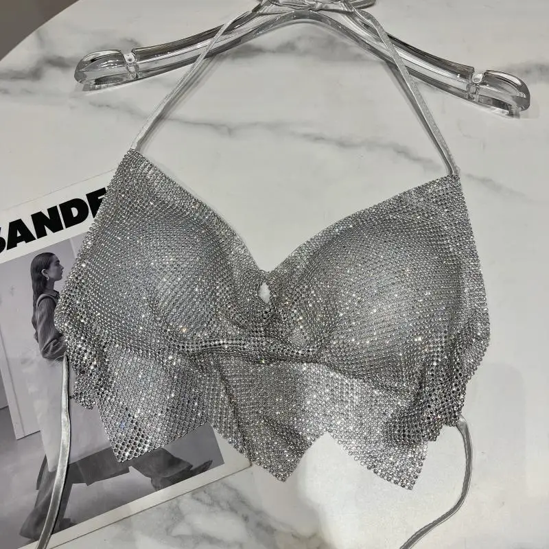 Dance Pad Machine - 光沢のあるダイヤモンドタンクトップ装飾的な立体胸パッドセクシーな露出防止女性用衣類